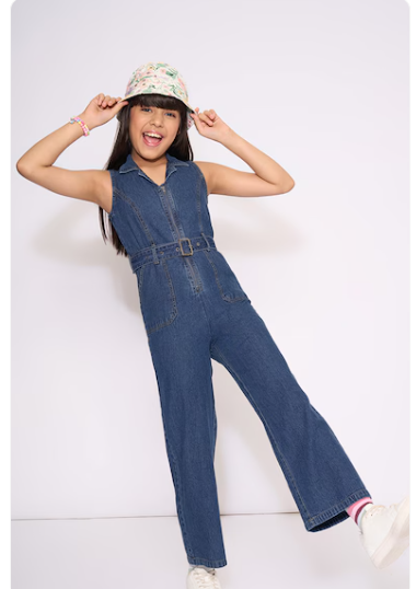 Blue Washed Denim Sleeveless Jumpsuit with Belt