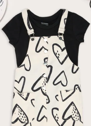 Off White Heart Print Pinafore & T-Shirt Set